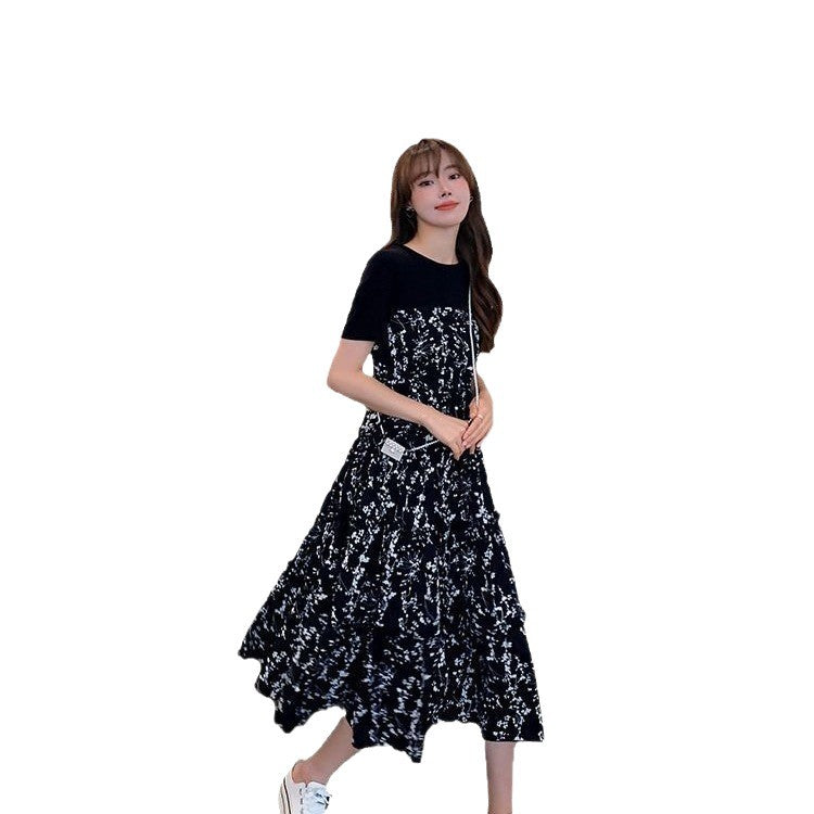 Faux Two-piece Loose-fit Patchwork Midi Short-sleeve Floral Mini Black Dress