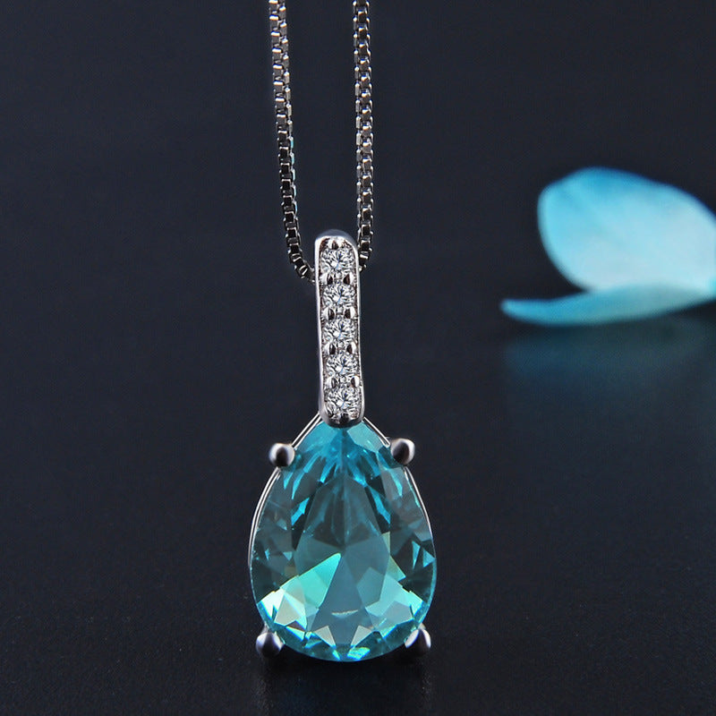 Blue Crystal Pendant Water-drop Pear-shaped Carat Necklace